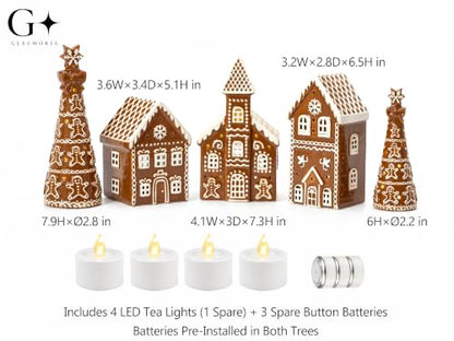 Gingerbread Christmas Decorations Set with Tea Lights - Ceramic Village Scene, Holiday Home Decor