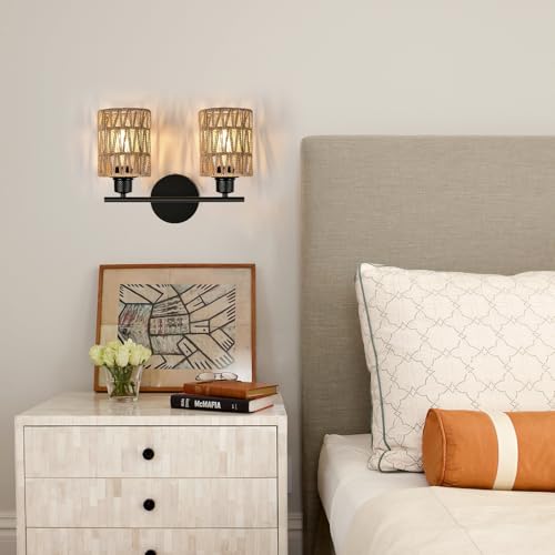 Merbotin 2 Light Rattan Vanity Light Boho Vanity Lighting Fixture Woven Bathroom Vanity Wall Light Coastal Tropical Bathroom Light, Rustic Natural Style Wall Mount Light for Bedroom Kitchen
