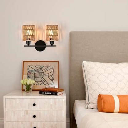 Merbotin 2 Light Rattan Vanity Light Boho Vanity Lighting Fixture Woven Bathroom Vanity Wall Light Coastal Tropical Bathroom Light, Rustic Natural Style Wall Mount Light for Bedroom Kitchen