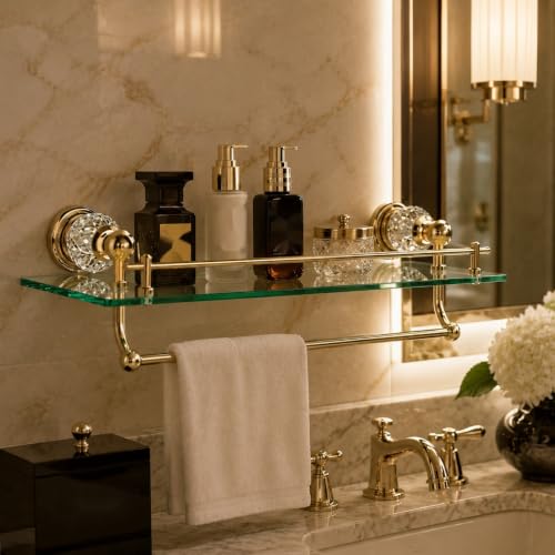 Bathroom Shelf Gold Brass Glass Organizer Double Layer 21.7x5.9x22 Inches