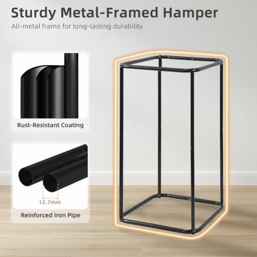 Laundry Hamper with Metal Frame and Lid - Tall Storage Baskets, Black, 90L