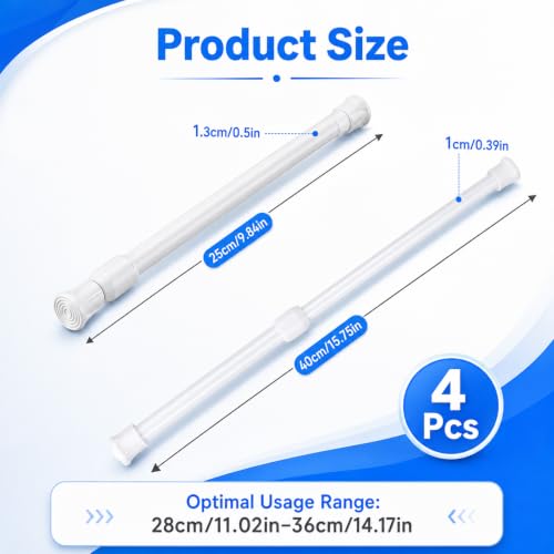 Mini Tension Curtain Rod 10-15 Inch White No-Drill Install for Windows & Closets