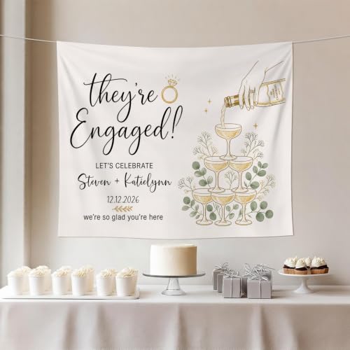 Personalized Engagement Champagne Glasses with Doodles Banner Style 10 - Custom Couple Names & Date