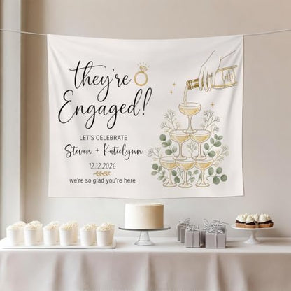 Personalized Engagement Champagne Glasses with Doodles Banner Style 10 - Custom Couple Names & Date