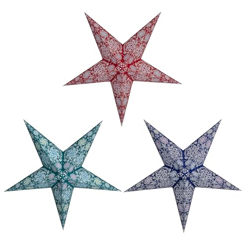 24 Inch Paper Star Lanterns Pack of 3 Christmas Holiday Decor - Blue, Turquoise & Red