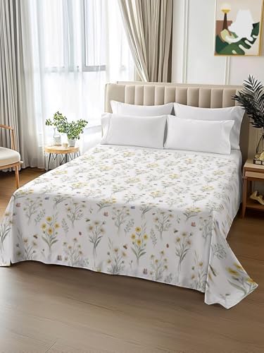 King Size Flat Sheet - Green, Yellow, White Microfiber Bed Sheets, 105x98