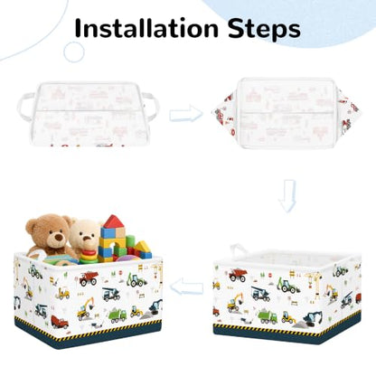 Kids Storage Basket Set of 3 with Fire Engine Design - Foldable Toy Organizer