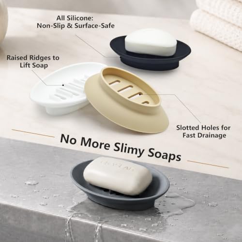 Aenfaiy 2 Pack Silicone Soap Dish Holder Black - Self-Draining Bathroom & Kitchen Tray
