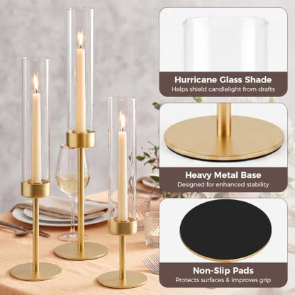 Set of 9 Gold Hurricane Glass Candle Holders with Taper Candlesticks - Varying Heights