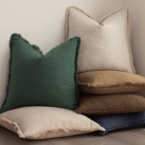 Foindtower Set of 2 Decorative Linen Fringe Throw Pillow Covers Cozy Farmhouse Cushion Cover with Tassels Accent Pillowcase for Couch Chair Sofa Bed Living Room Home Decor,18×18 Inch,Dark Olive Green