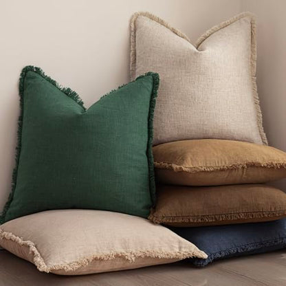 Foindtower Set of 2 Decorative Linen Fringe Throw Pillow Covers Cozy Farmhouse Cushion Cover with Tassels Accent Pillowcase for Couch Chair Sofa Bed Living Room Home Decor,18×18 Inch,Dark Olive Green