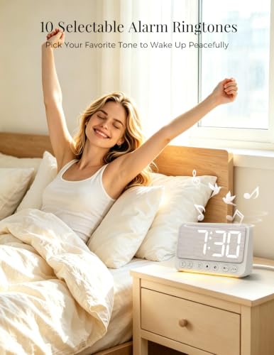 Topski Digital Alarm Clock with Night Light - White Bedside Clock with 8-Color LEDs & USB Charging