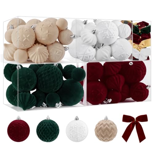 Velvet Christmas Tree Balls Ornament Set - Red, Green, White, Gold, 80pcs