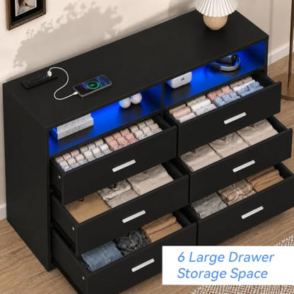 Black 6-Drawer Dresser with LED Lights & Power Outlets - Wooden Bedroom Storage