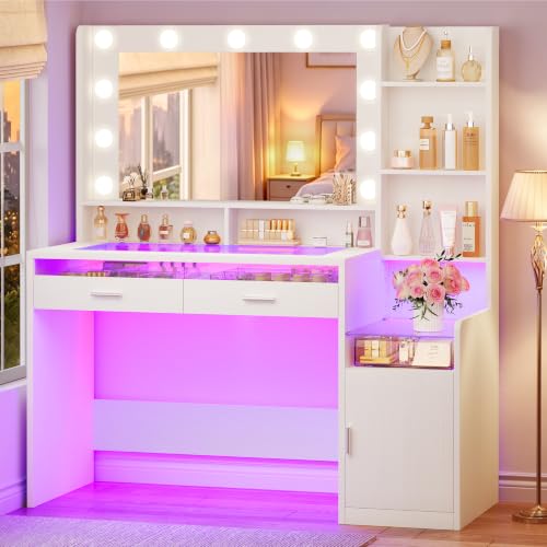Pure White Vanity Desk with Mirror, RGB Lights, Glass Top, Open Shelves & Power Outlet (42.5W x 15.7D x 55.1H)