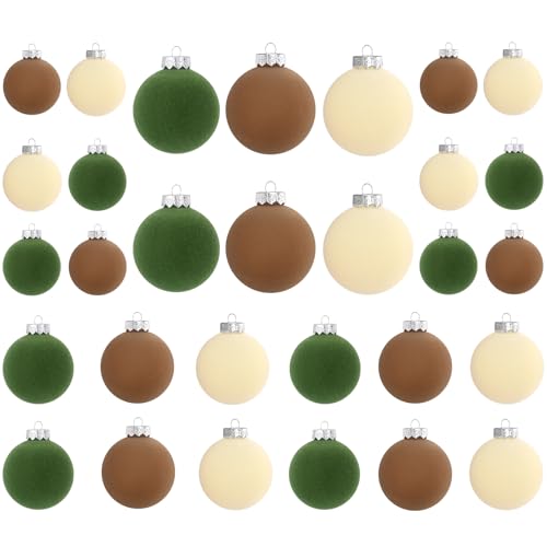 Velvet Christmas Ornaments Set - 45 Mixed Sizes in Brown Green and Off-White