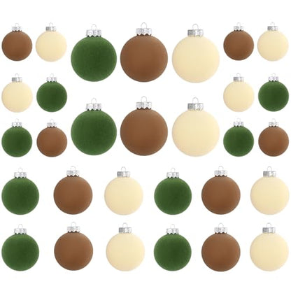 Velvet Christmas Ornaments Set - 45 Mixed Sizes in Brown Green and Off-White
