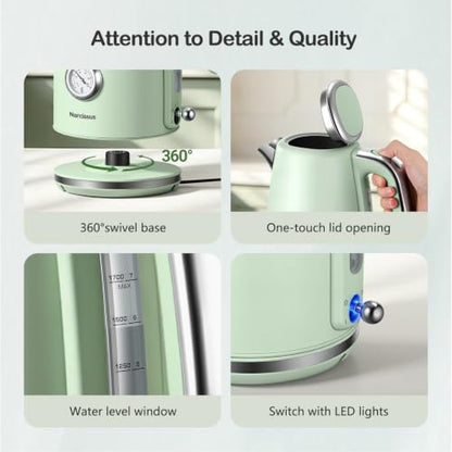 Electric Kettle 1.7L Retro Green Fast Boil with Thermometer & Water Level Window