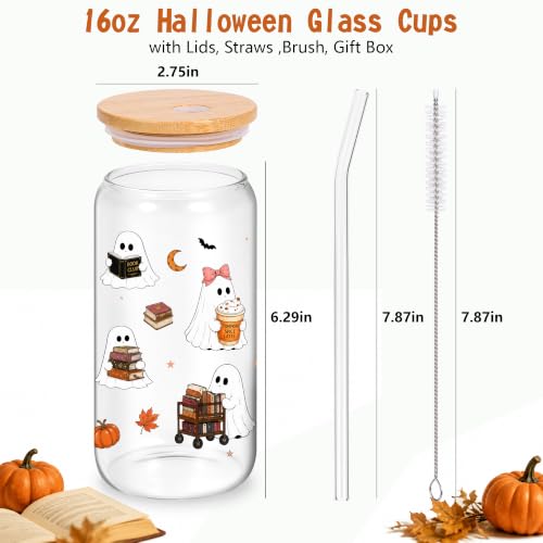 Halloween Ghost Glass Cup with Lid & Straw - 16oz Bookish Boo Basket Gift