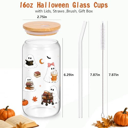 Halloween Ghost Glass Cup with Lid & Straw - 16oz Bookish Boo Basket Gift