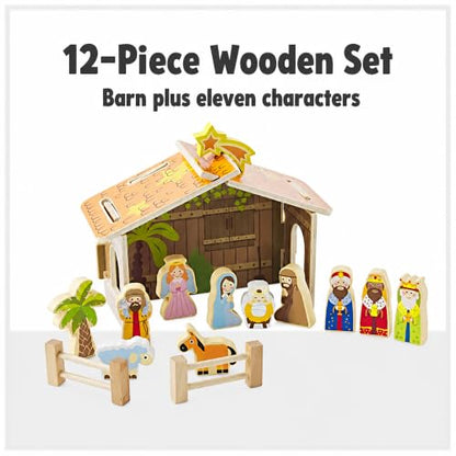 Nativity Scene Christmas Wooden Set with Barn - 12 Piece Holiday Decor