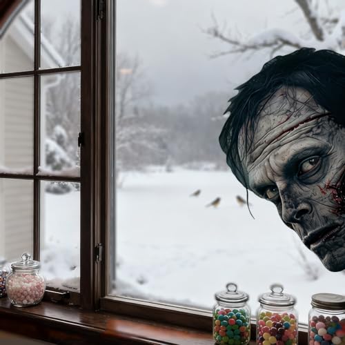 Halloween Zombie Window Clings - Double-Sided Bloody Zombie Face Vinyl Decals, Haunted House Decor - Head 3