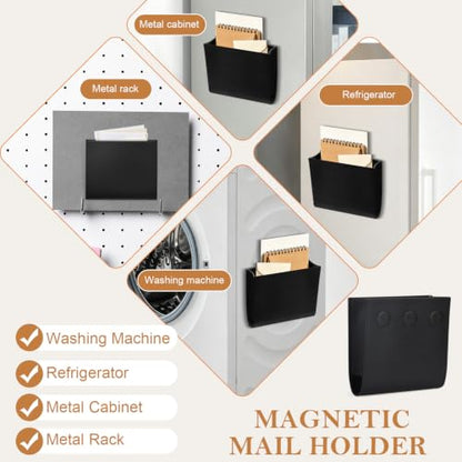 Magnetic Leather Mail Holder for Refrigerator Wall Organizer - Black PU