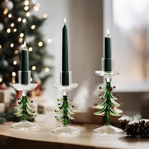 Green Christmas Tree Candle Holders Set of 3 - Rustic Glass Taper Candlesticks for Holiday Decor