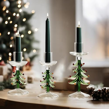 Green Christmas Tree Candle Holders Set of 3 - Rustic Glass Taper Candlesticks for Holiday Decor