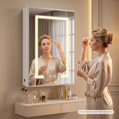 Lighted Bathroom Medicine Cabinet with Mirror and Heating Function, White