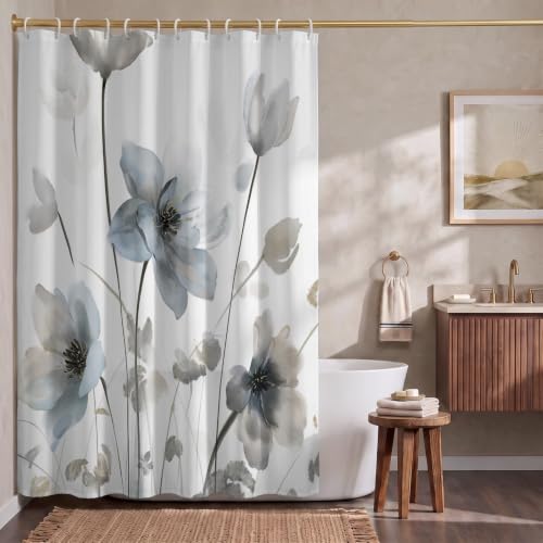 Blue Grey Boho Floral Shower Curtain 72x72 Inch Waterproof Bathroom Decor - Variation: Blue and Grey