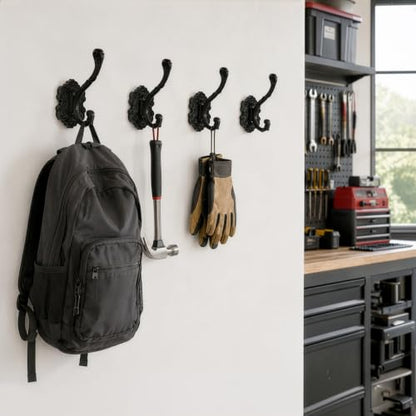 Vintage Black Coat Hook Set - 4 Heavy Duty Wall Hooks for Organizing