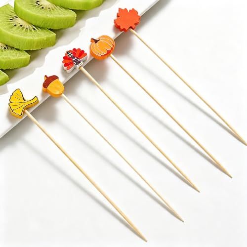 Thanksgiving Fall Cocktail Toothpicks 100 Pack Natural Bamboo Food Skewers