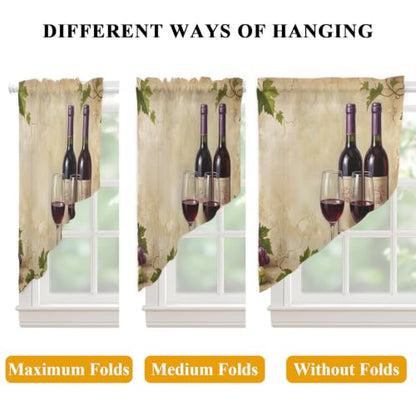 Red Wine Swag Curtains Set with 2 Panels - Burgundy, Moss, Brown, Merlot - 36W x 45L, Rustic Farmhouse Style