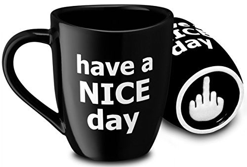 Black Funny Coffee Mug with Middle Finger Gag Design - 14 Ounce Novelty Gift for Adults, Coworkers, Christmas