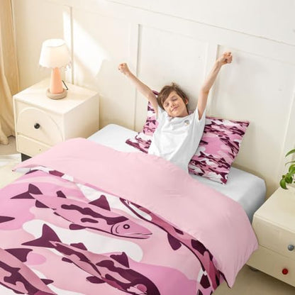 Camouflage Fish Hunting Duvet Cover Twin Size Boys Girls Bass Pike Bedding Set Breathable Microfiber No Comforter Pink Variation