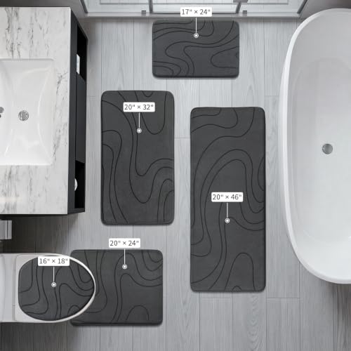 YIHOUSE 5-Piece Bathroom Rug Set - Memory Foam Bath Mats Dark Grey 1'8" x 3'10"