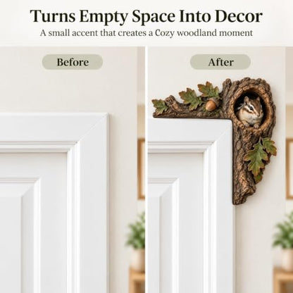 Chipmunk Tree Hollow Door Topper with Squirrel & Owl - Rustic Wooden Door Frame R