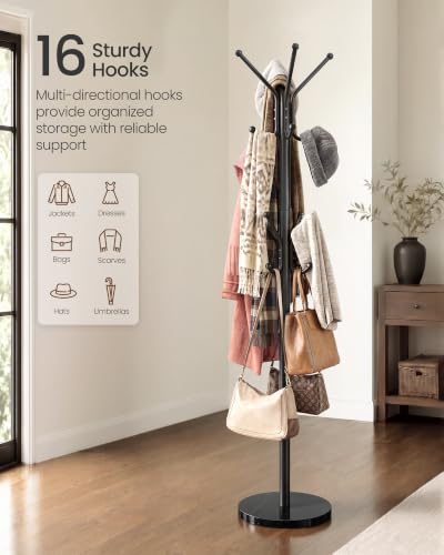 Black Freestanding Coat Rack with 16 Hooks and Marble Base - Steel Hall Tree