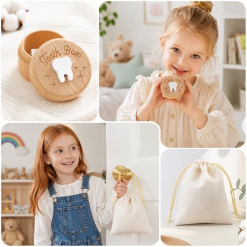 Wooden Tooth Fairy Keepsake Box with Pouch - Carved Child's Tooth Storage
