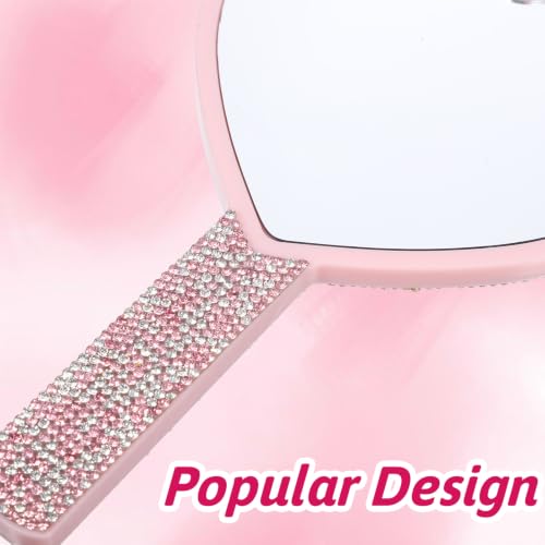 Pink Heart Handheld Mirror with Rhinestones - Compact Makeup & Gift