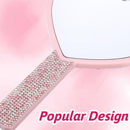 Pink Heart Handheld Mirror with Rhinestones - Compact Makeup & Gift