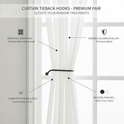 Black Aluminum Curtain Tieback Hooks, Window Treatment Holdbacks for Living Room & Bedroom (1 Pair)