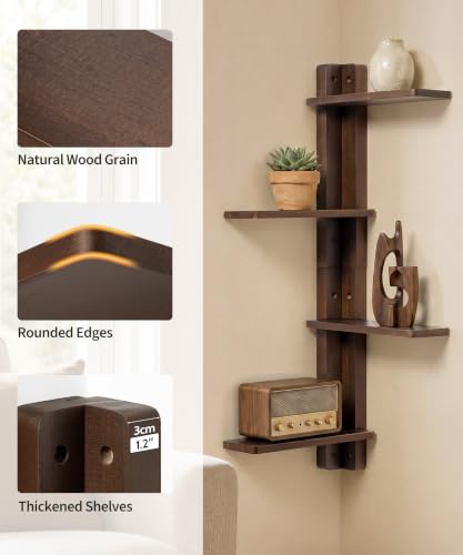 SUMGAR Walnut 4-Tier Corner Floating Shelves - Left or Right Layout, MCM Style