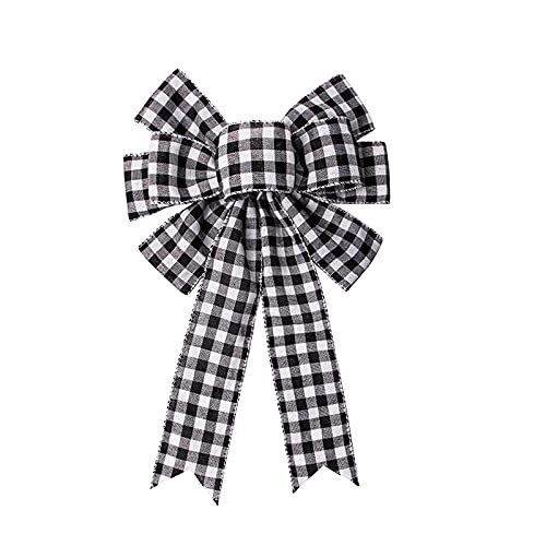 Christmas Wreath Bow Decoration with Black and White Buffalo Plaid Ribbon, 10x15.7 in