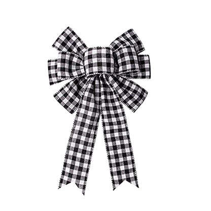 Christmas Wreath Bow Decoration with Black and White Buffalo Plaid Ribbon, 10x15.7 in