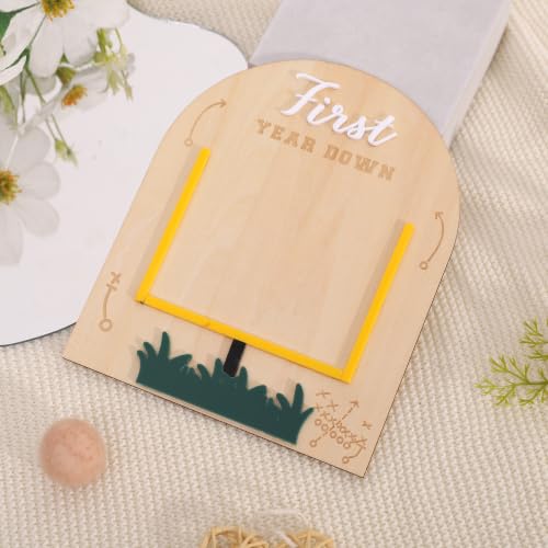 First Year Down Football Footprint Keepsake - Wooden Baby Milestone Gift - Variation Wood1