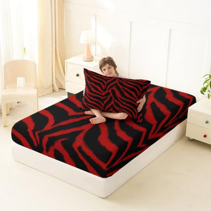 Black Red Zebra Print Fitted Sheet for Twin Bed - Deep 16" Pocket, Kids Bedding