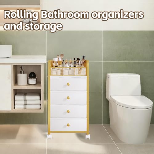 White & Gold Rolling Makeup Organizer Cart with 4 Drawers and Divided Top