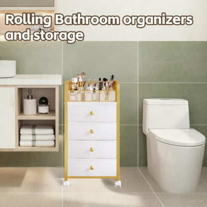 White & Gold Rolling Makeup Organizer Cart with 4 Drawers and Divided Top